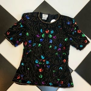 Vintage 80s Stenay Sequin & Beaded Silk Top Shoulder Pads Jewel Tone Colorful M